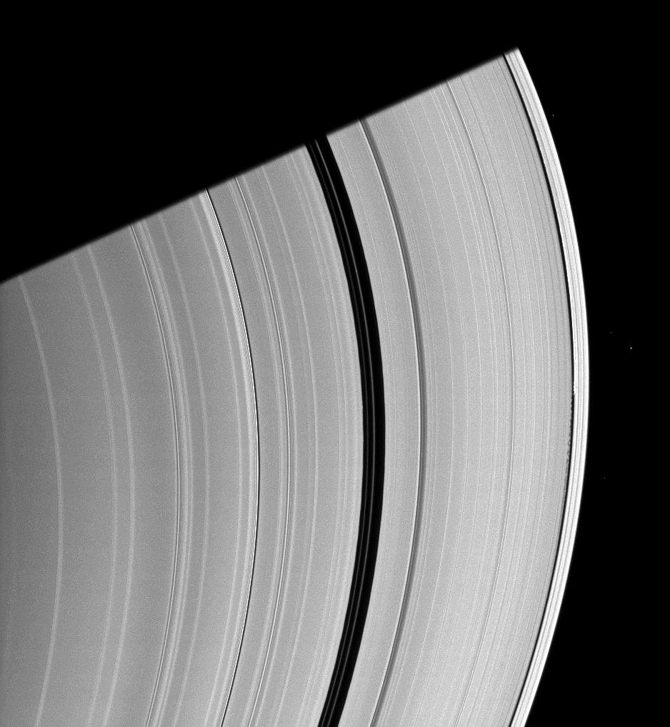 Saturn's moon Daphnis appears as a tiny speck in the Keeler Gap of the A ring