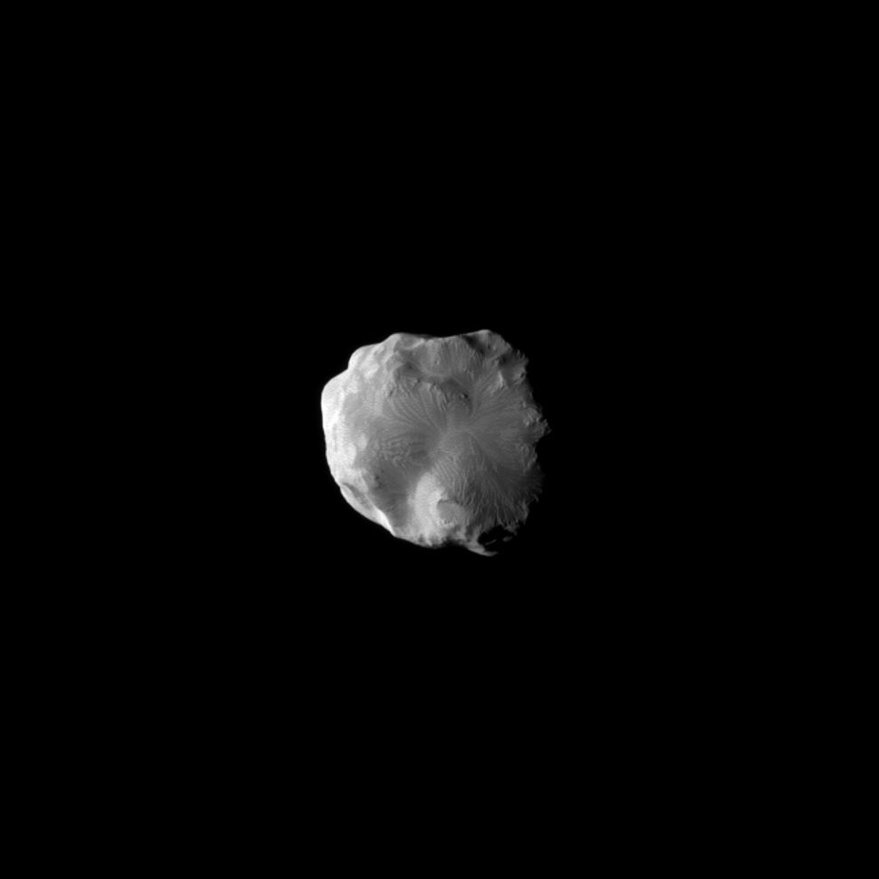 The Cassini spacecraft imaged the surface of Saturn's moon Helene as the spacecraft flew by the moon on Jan. 31, 2011.