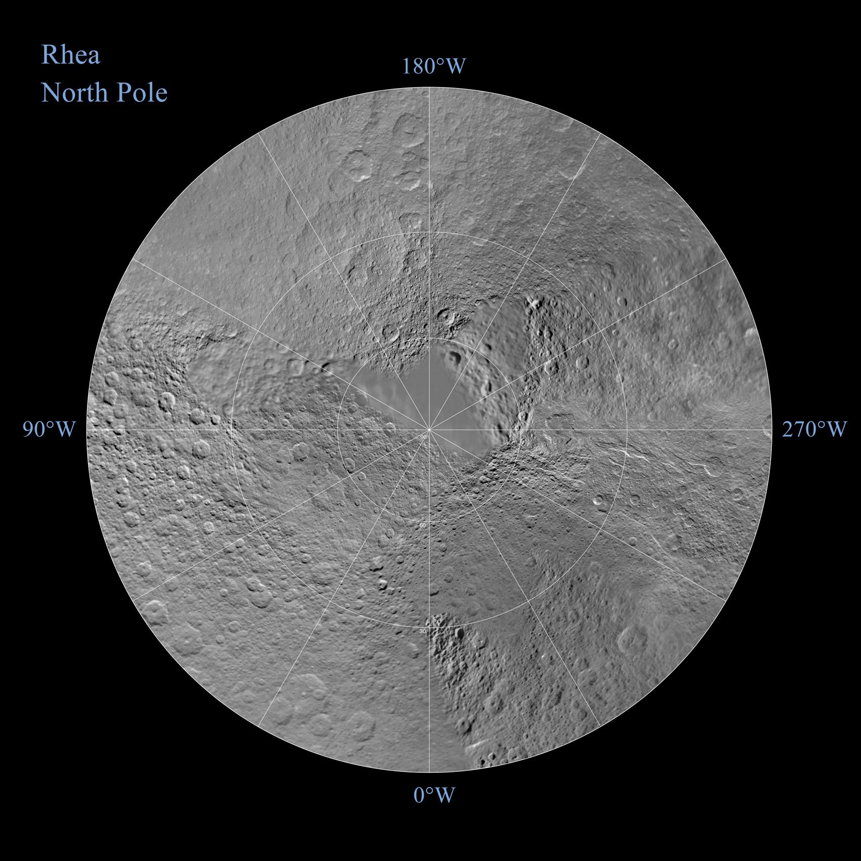 A polar stereographic map of the northern hemisphere Rhea