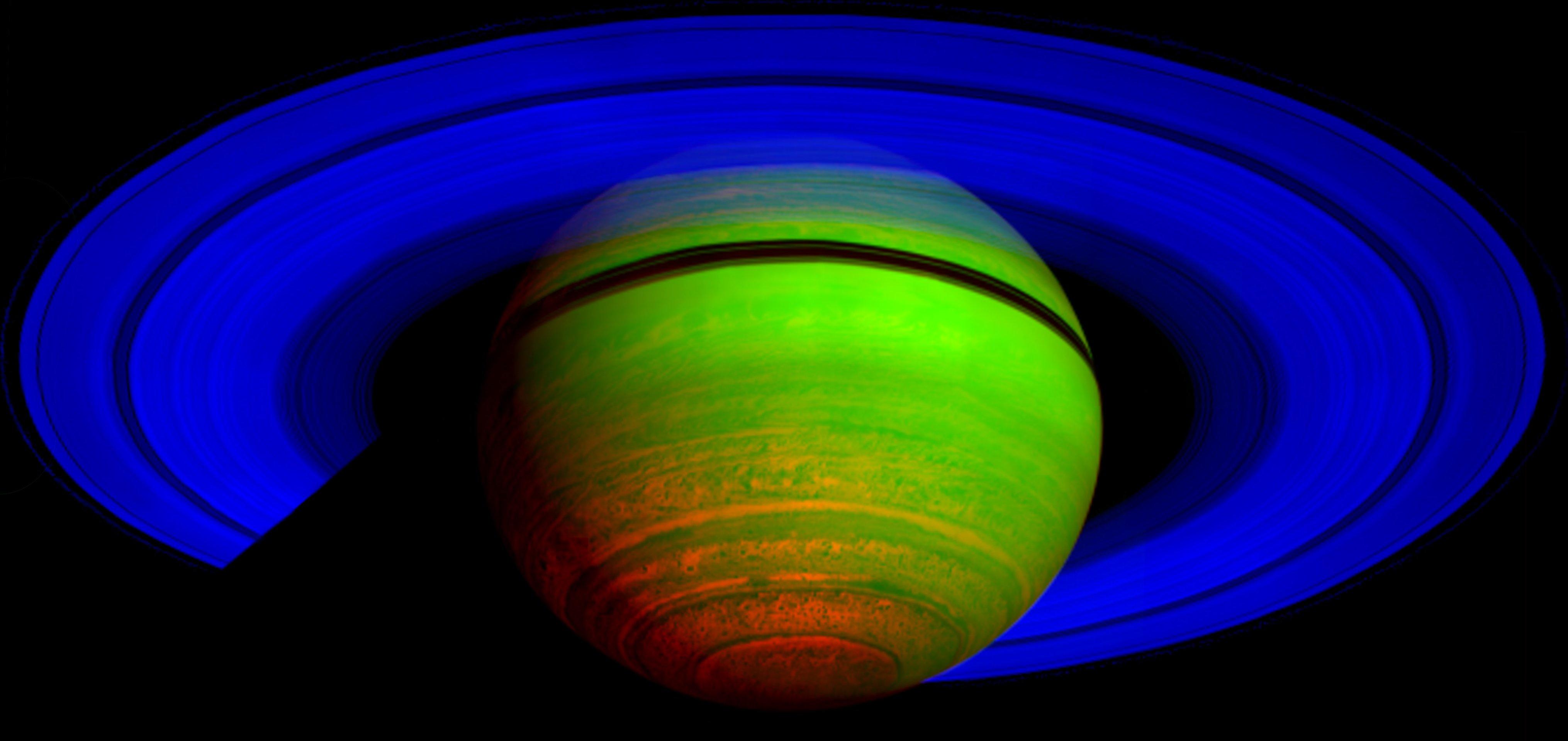 This false-color composite image shows Saturn's rings and southern hemisphere