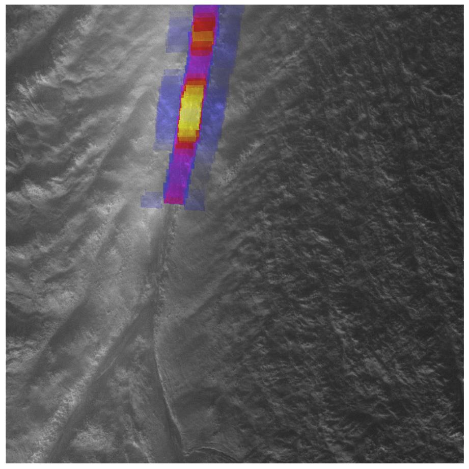 Heat intensity map for the hottest part of a 'tiger stripe' fissure on Enceladus