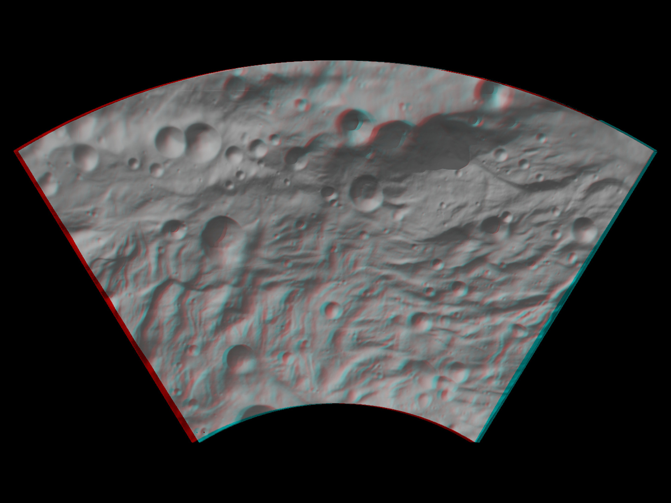 Anaglyph Image of Vesta's Southwestern Latitudes