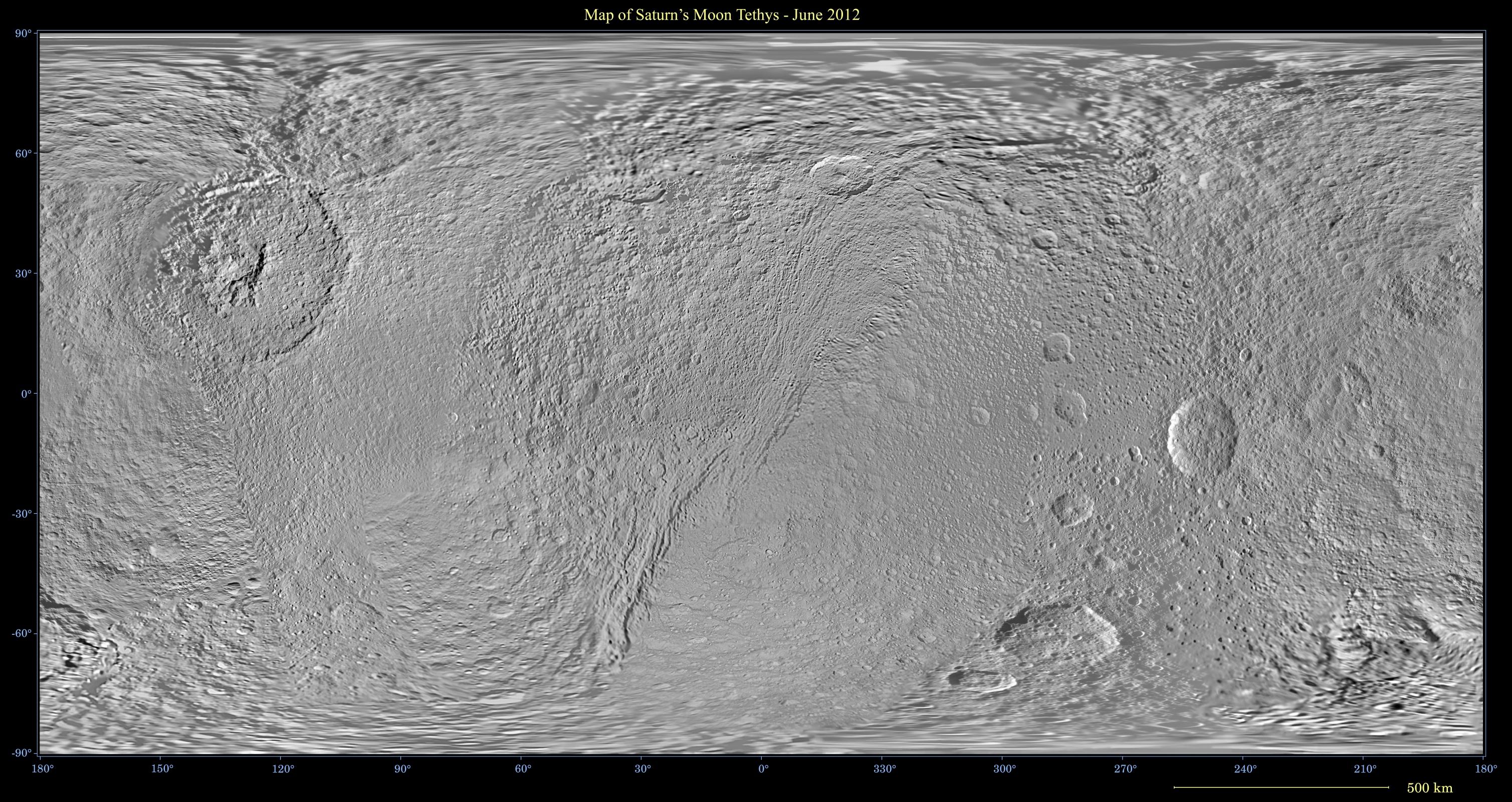 This global map of Saturn's moon Tethys was created using images taken during Cassini spacecraft flybys.
