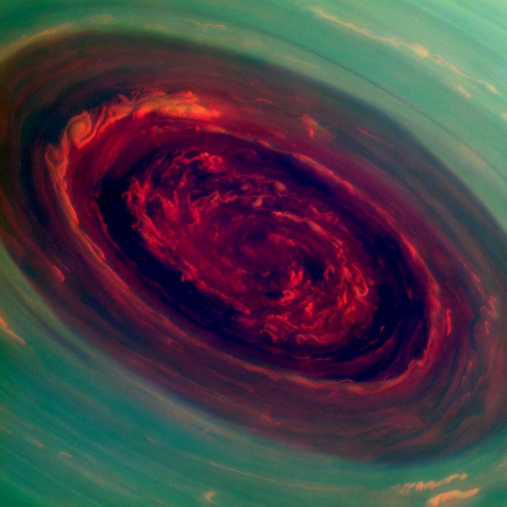 False-color image of the spinning vortex of Saturn's north polar