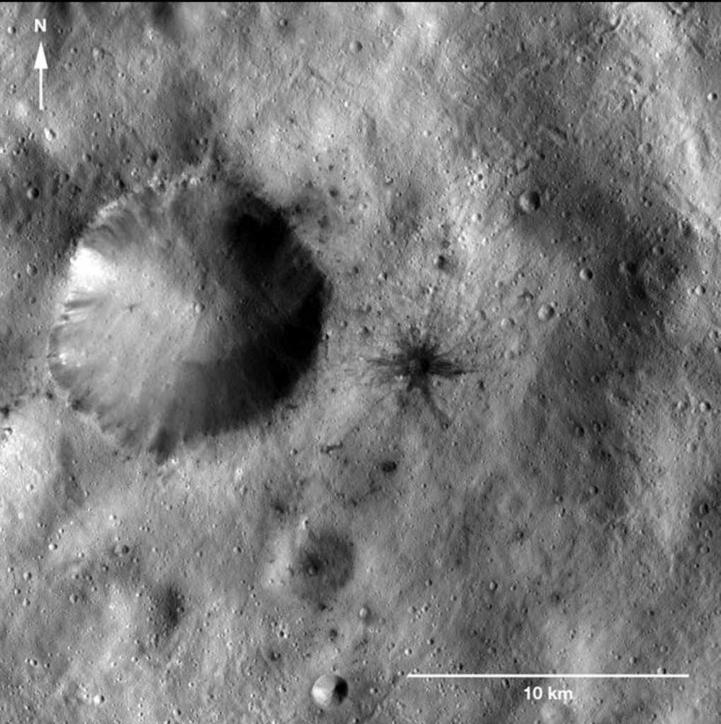 Dark-Rayed Crater and Spots