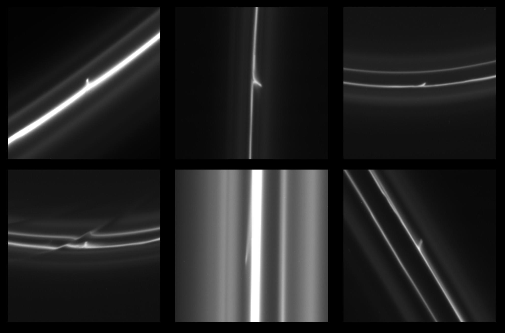 Six Cassini images showing trails that were dragged out from Saturn's F ring