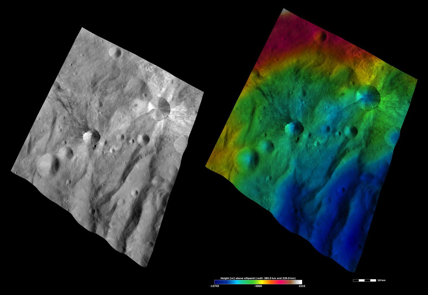 Apparent Brightness and Topography Images of Canuleia and Sossia Craters