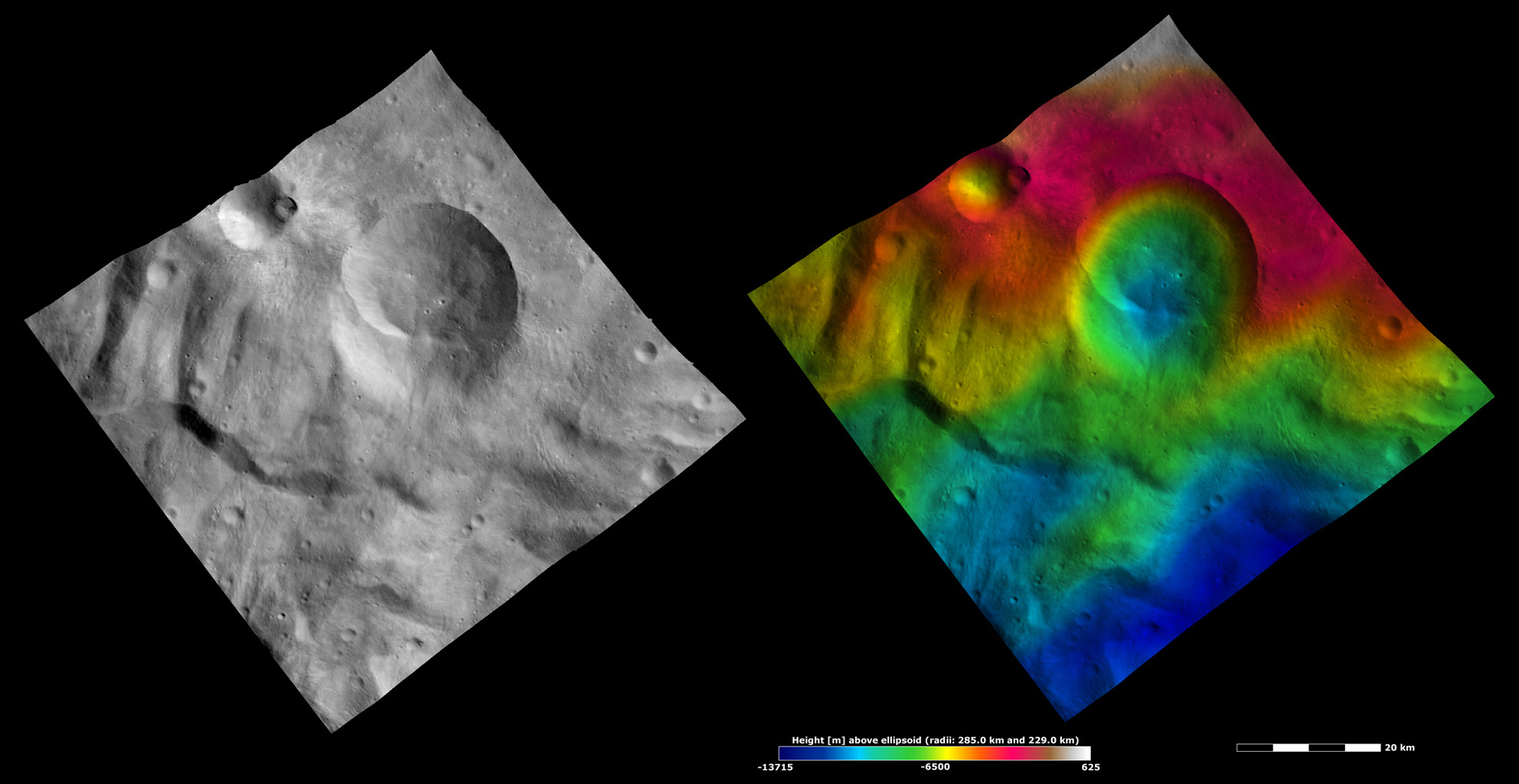 Apparent Brightness and Topography Images of Eusebia Crater