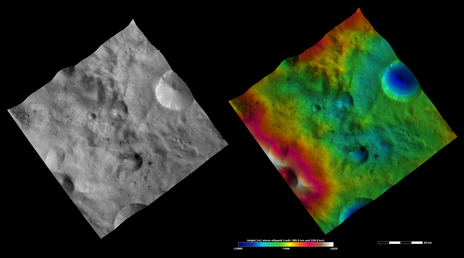 Apparent Brightness and Topography Images of Laelia Crater