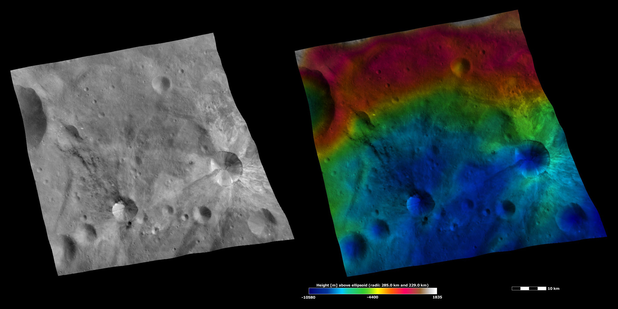 Apparent Brightness and Topography Images of Sossia and Canuleia Craters
