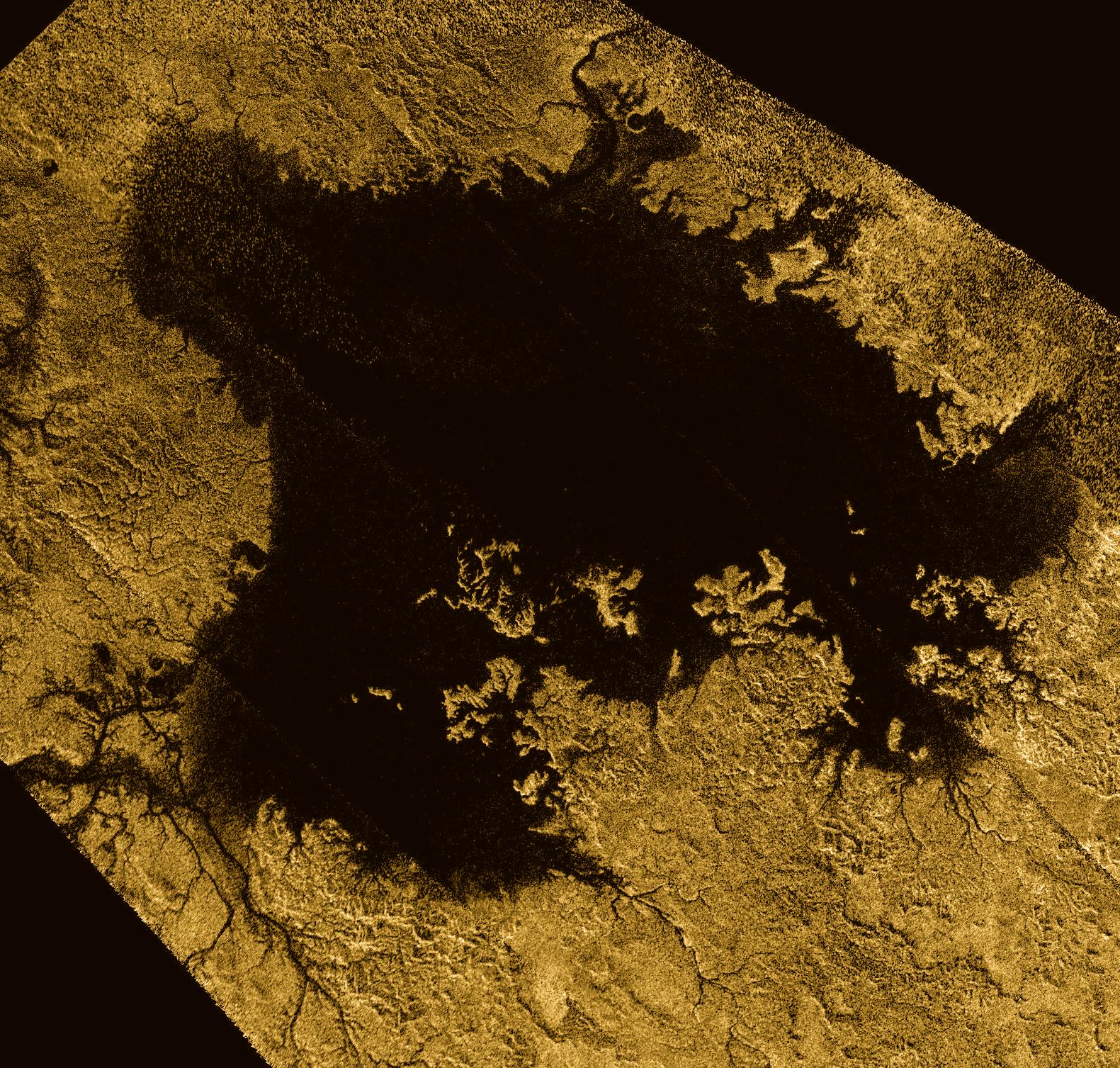 Ligeia Mare, shown here in a false-color image from NASA's Cassini mission, is the second largest known body of liquid on Saturn's moon Titan.