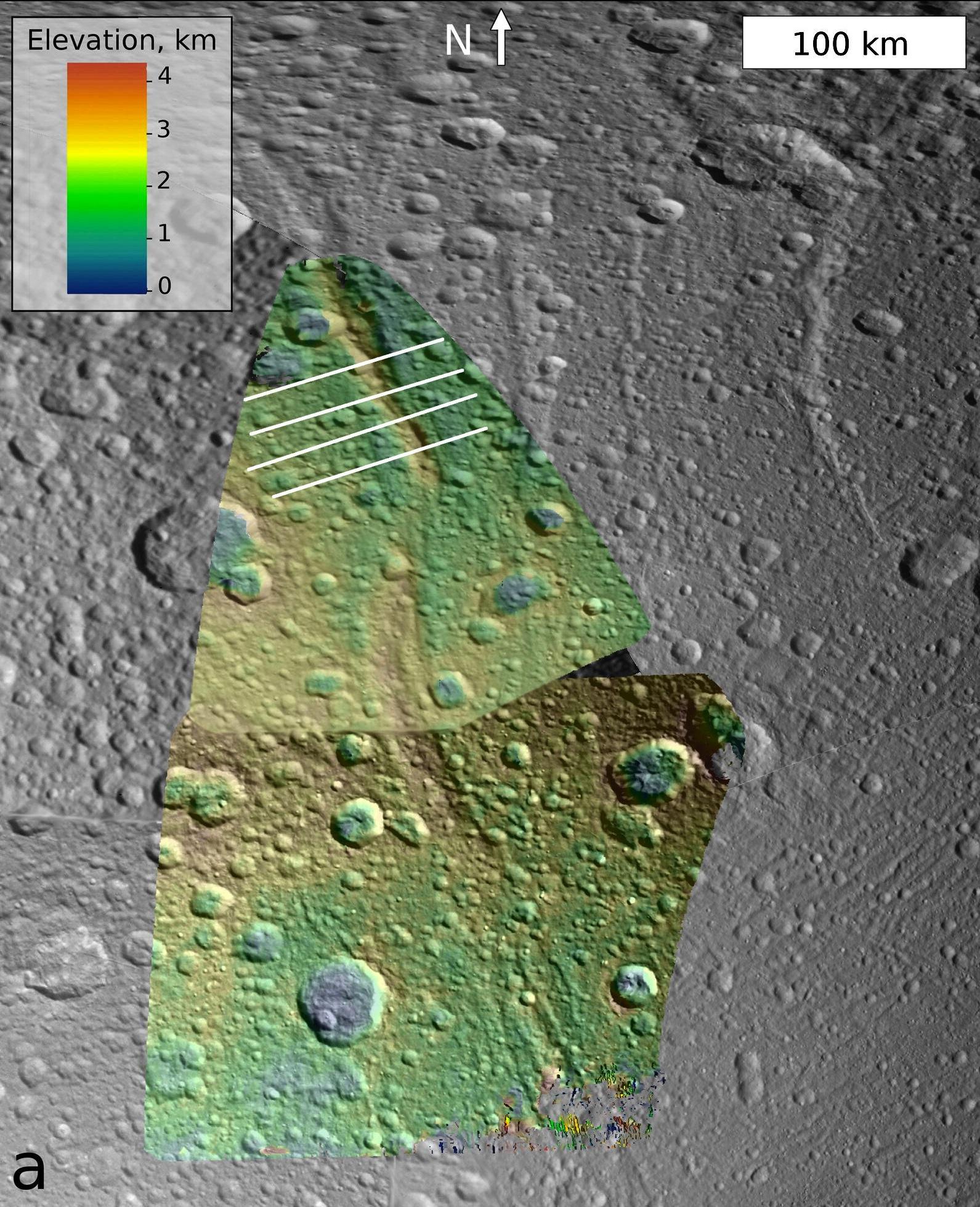 Topography of a mountain known as Janiculum Dorsa on the Saturnian moon Dione