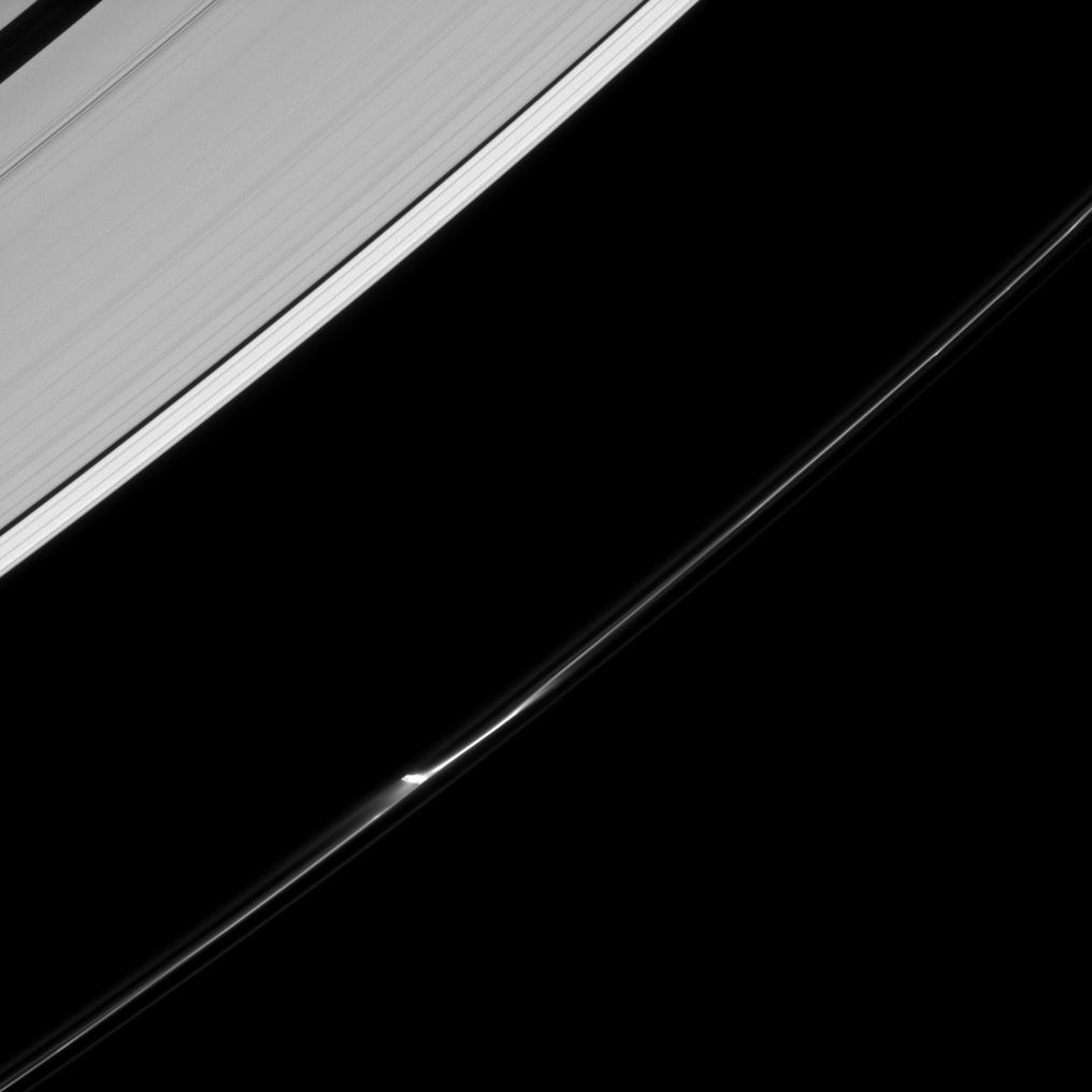 A jet feature appears to leap from the F ring of Saturn