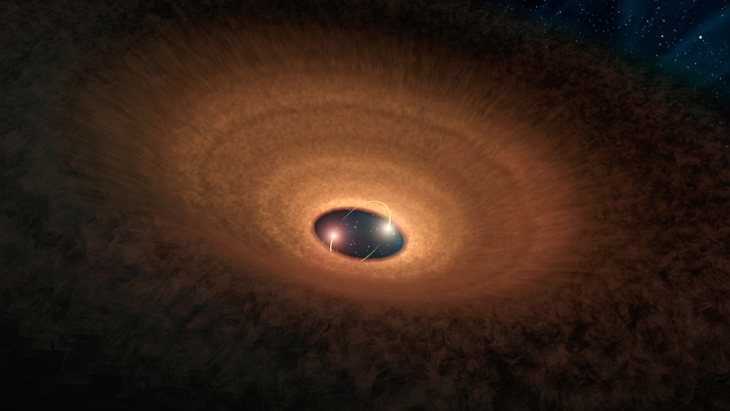In this artist's impression, a disk of dusty material leftover from star formation girds two young stars like a hula hoop. As the two stars whirl around each other, they periodically peek out from the disk, making the system appear to "blink" every 93 days. Image credit: NASA/JPL-Caltech
