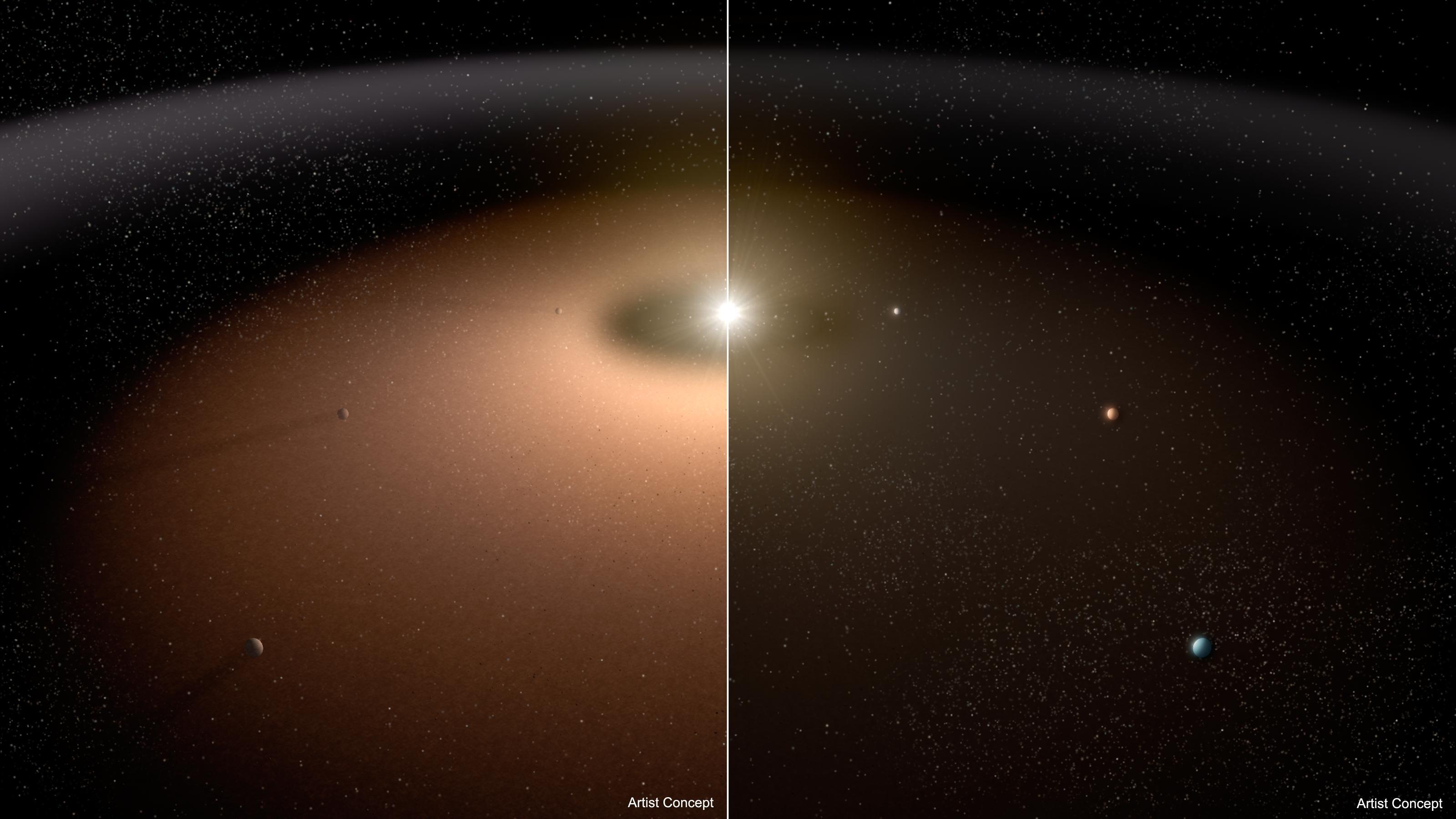 A dusty planetary system (left) is compared to another system with little dust in this artist's concept. Dust can make it difficult for telescopes to image planets because light from the dust can outshine that of the planets. Dust reflects visible light and shines with its own infrared, or thermal, glow. As the illustration shows, planets appear more readily in the planetary system shown at right with less dust.