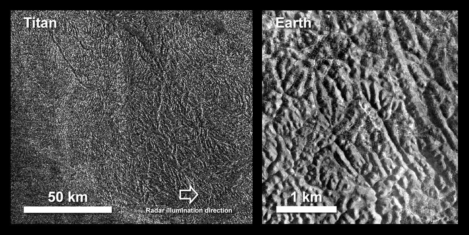 Black and white image showing terrain on Titan compared to similar terrain on Earth.