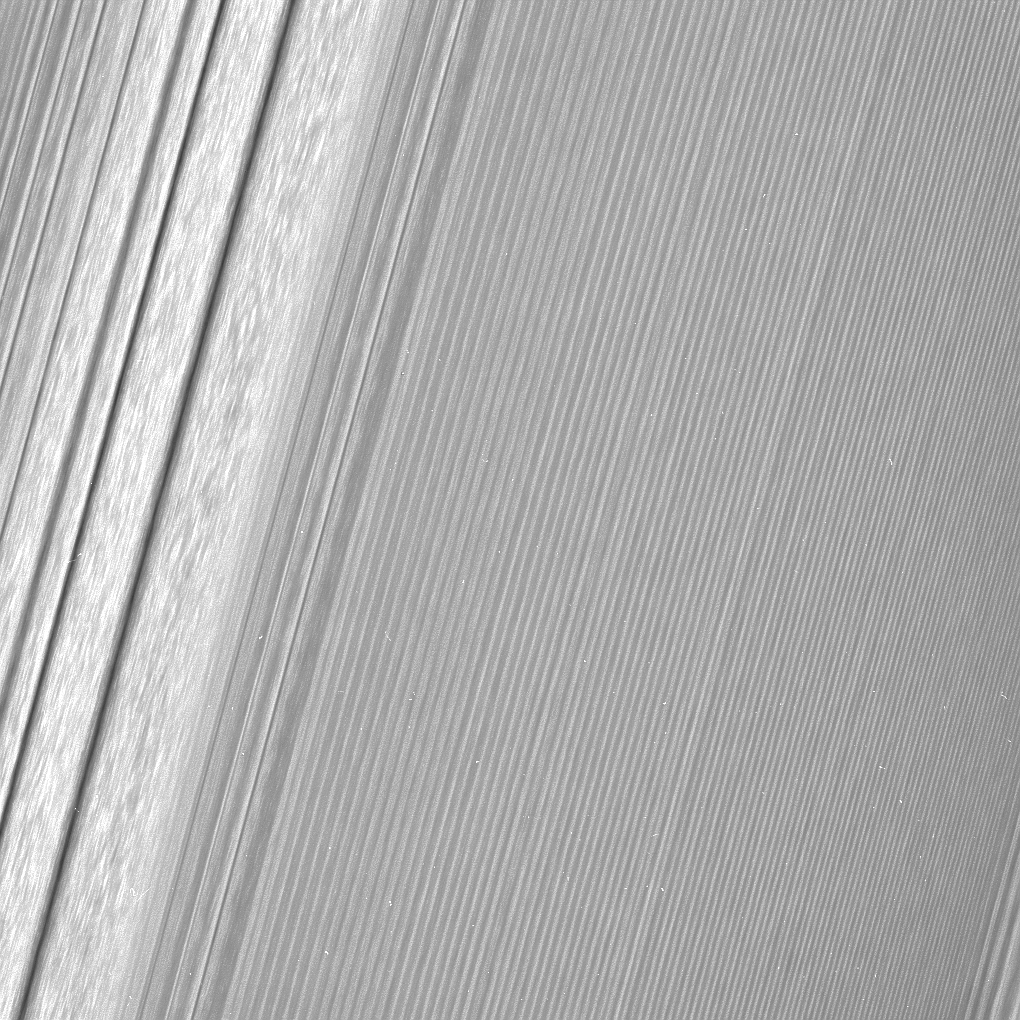 Black and white close up image of Saturn's rings.
