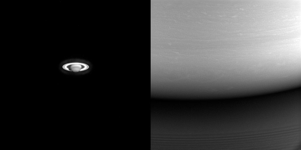 From left: Saturn, seen from far awar, and from upclose
