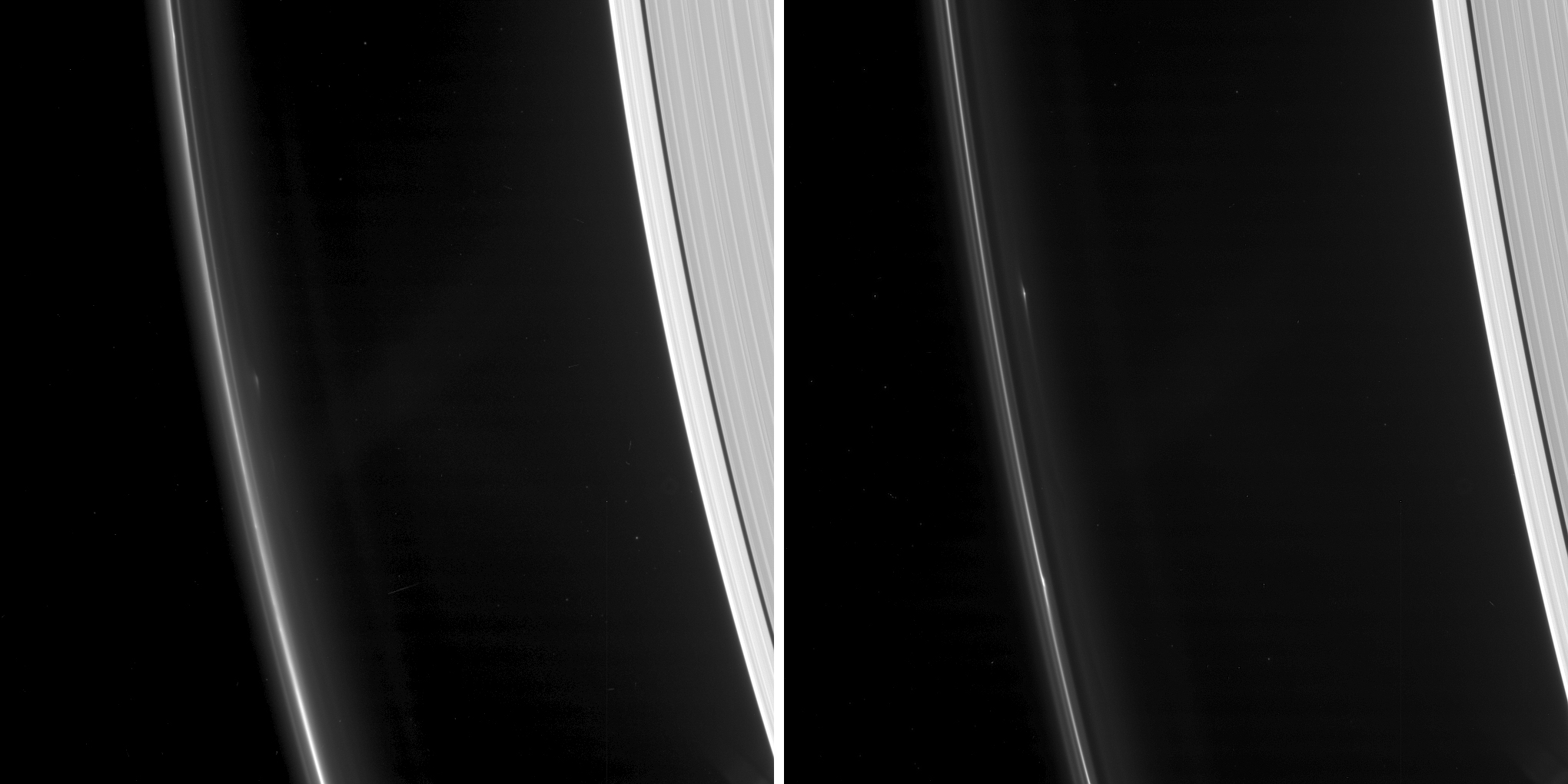 Two sets of images of objects found in Saturn's F ring