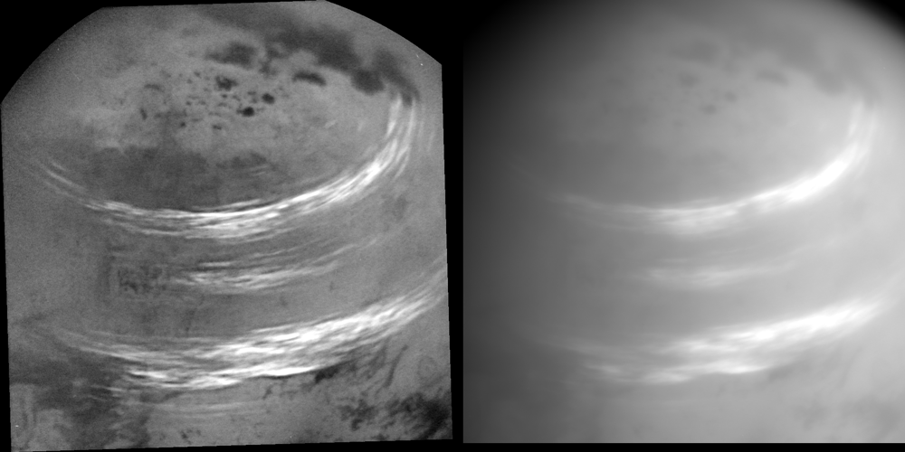 Bands of bright, feathery methane clouds drifting across Saturn's moon Titan.