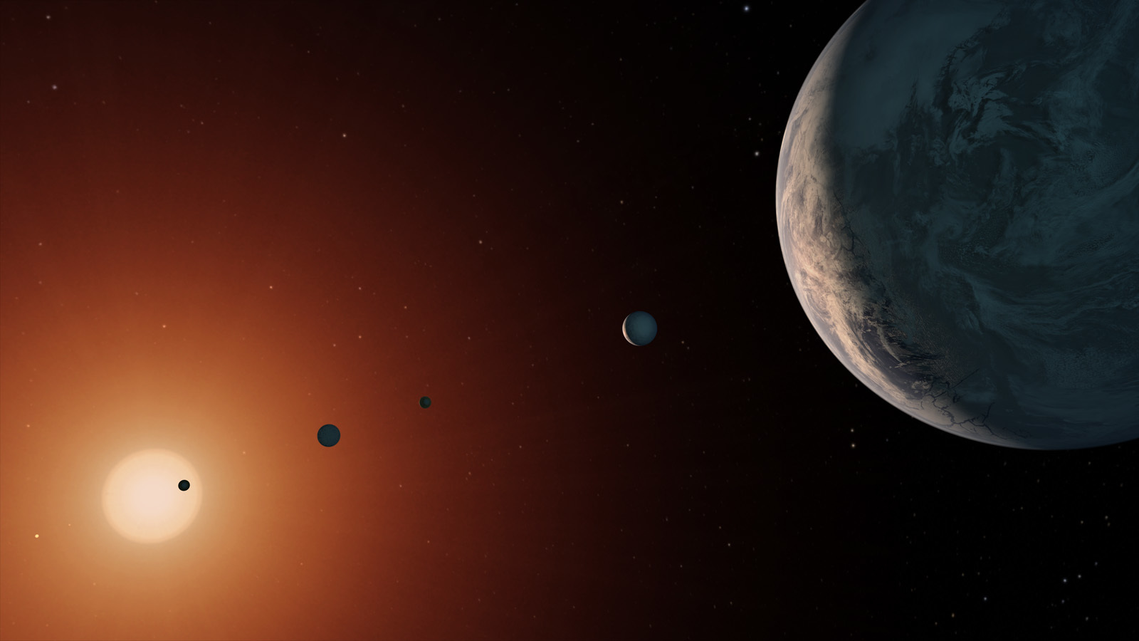 Illustration of TRAPPIST-1 system from space.