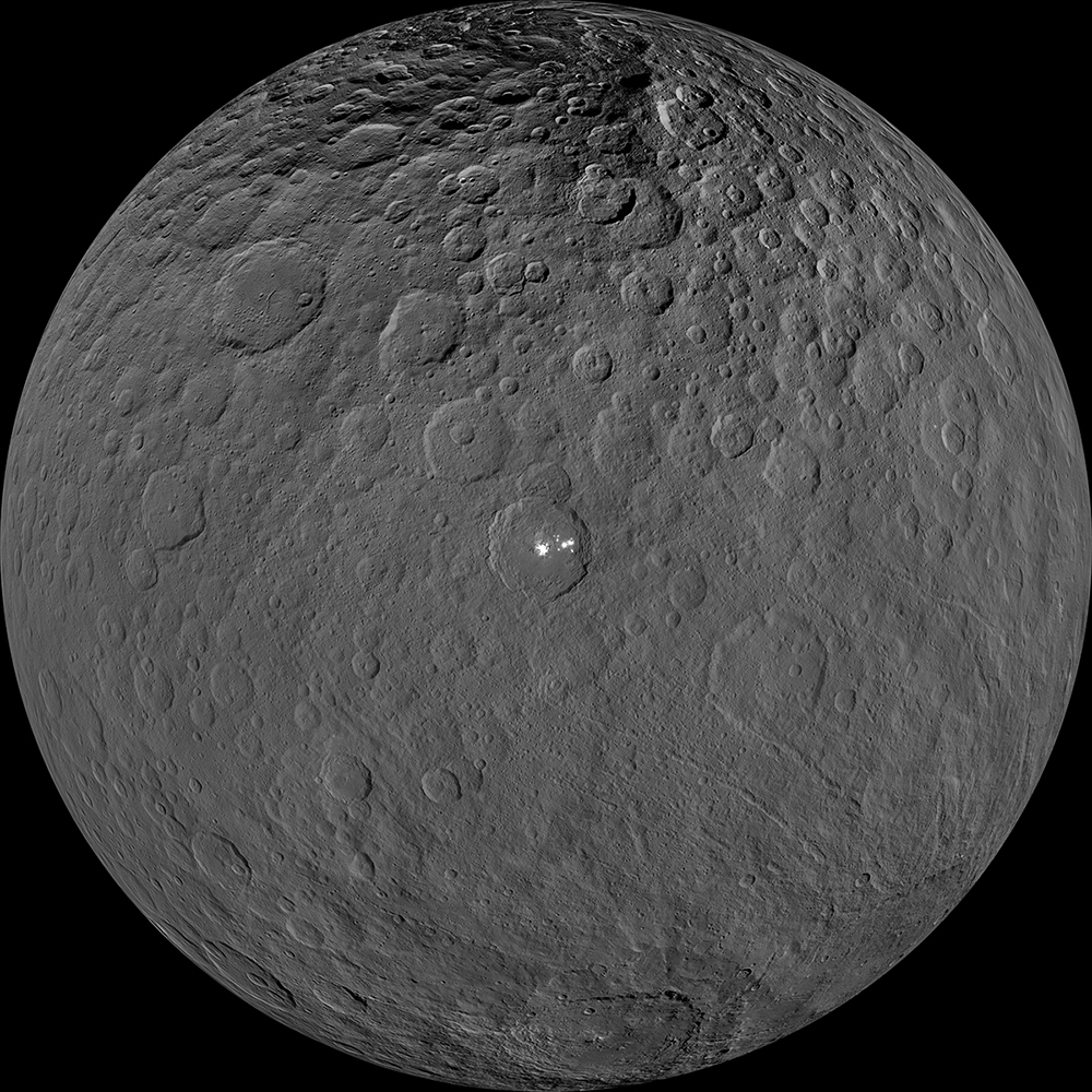 This orthographic projection shows dwarf planet Ceres as seen by NASA's Dawn spacecraft.