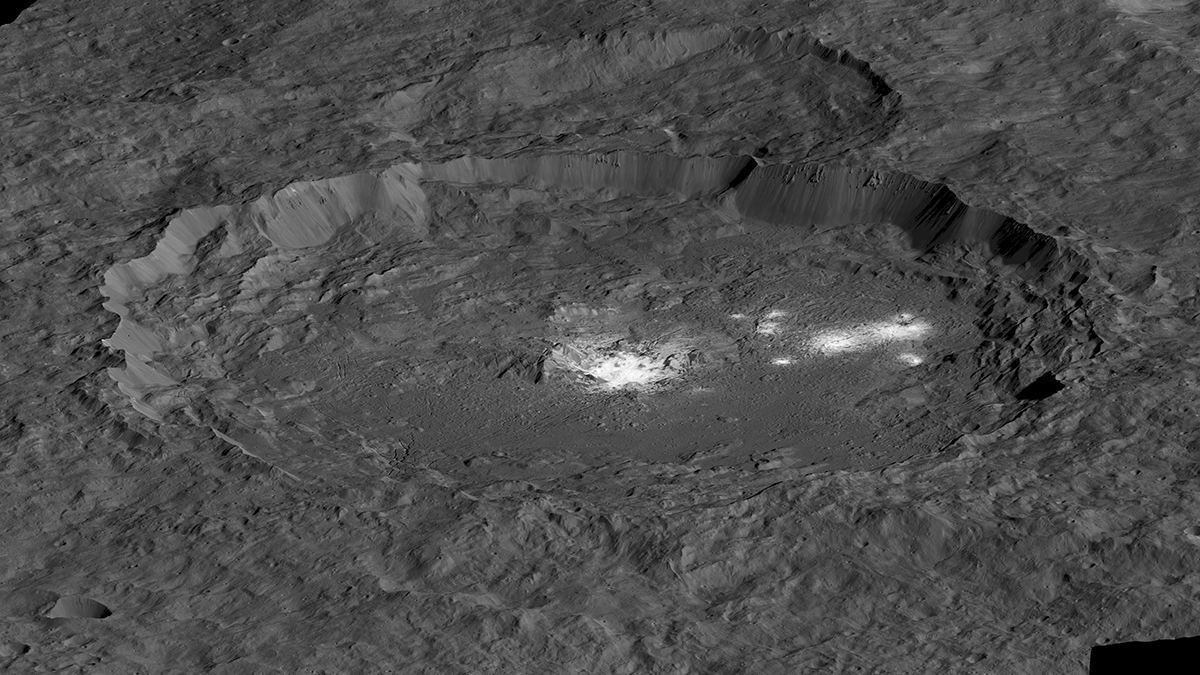 Crater with bright, white surface features on Ceres.