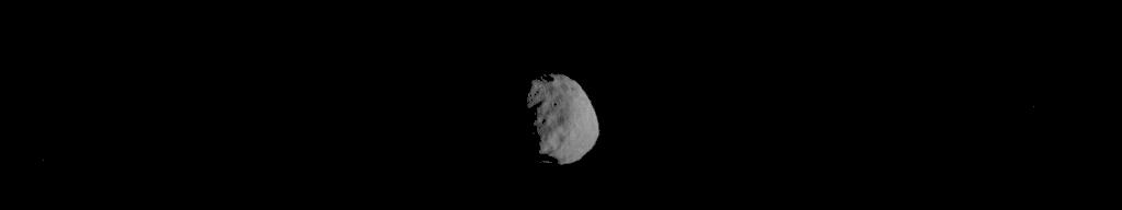 This image of Phobos is one product of the first pointing at that Martian moon by the Thermal Emission Imaging System (THEMIS) camera on NASA's Mars Odyssey orbiter.