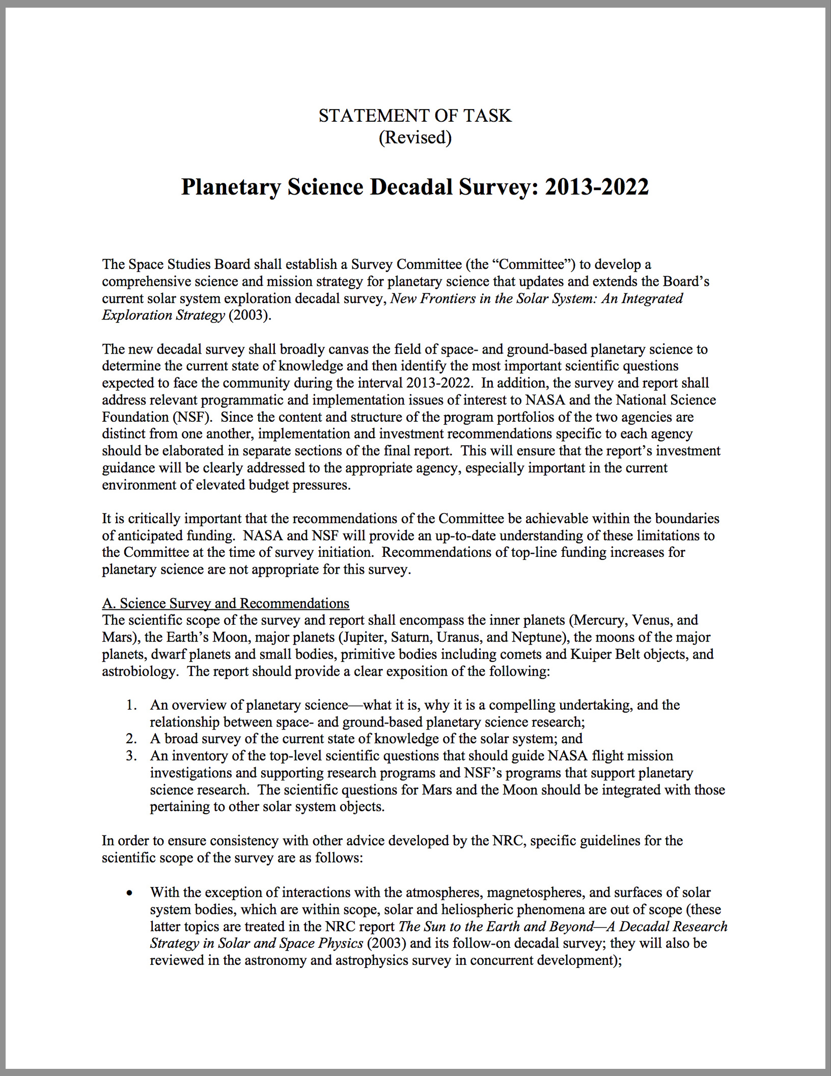 Planetary Science Decadal Survey: 2013-2022