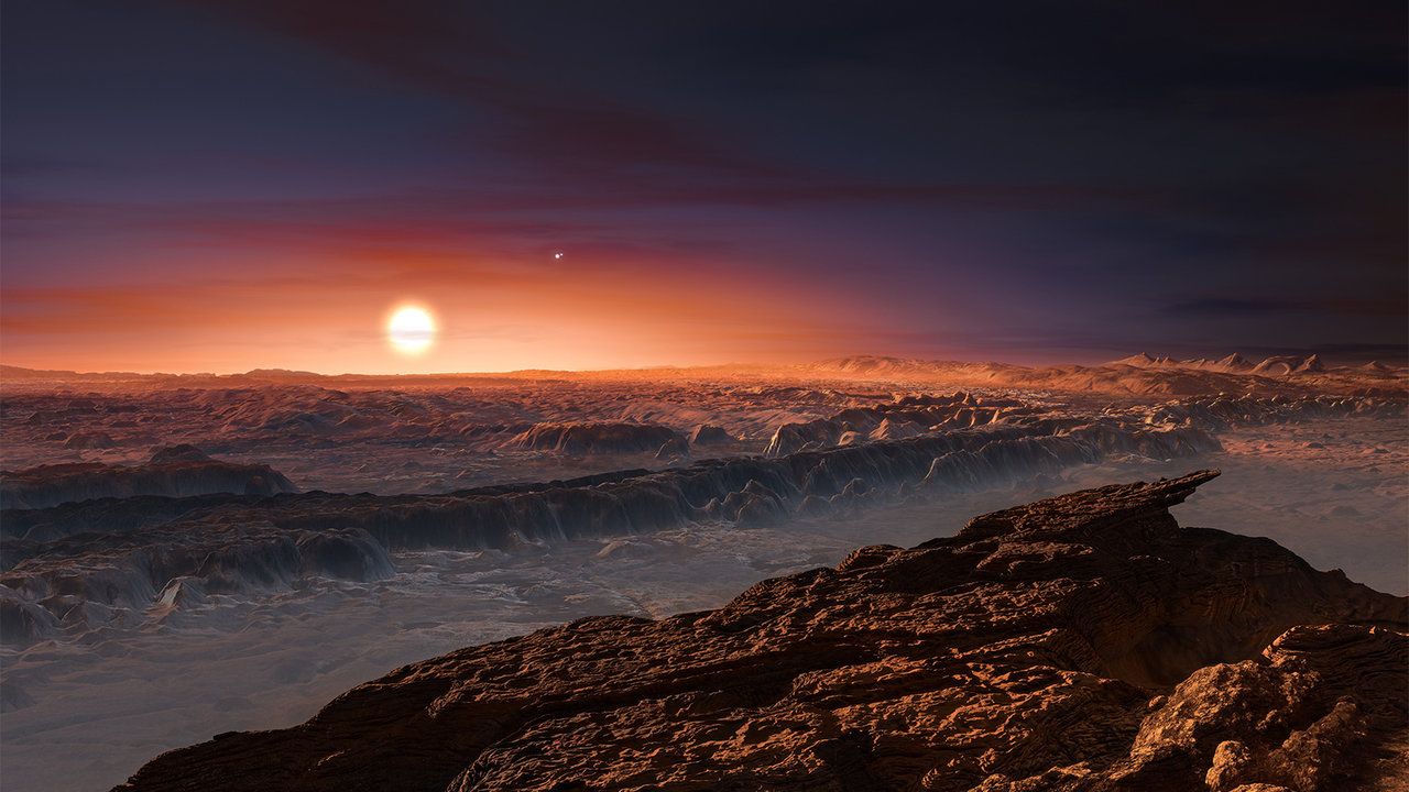 An artist's concept of the surface of Proxima b. In the sky shine its parent star, Proxima Centauri and neighboring binary stars, Alpha Centauri AB.