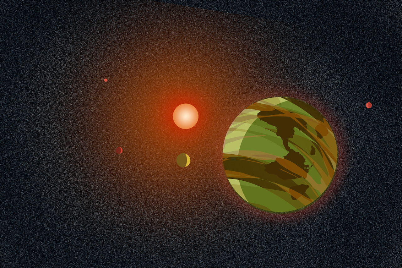 Against a background of deep space, we see in this illustration a green and brown, rocky planet In the lower right foreground, its star – a red dwarf – in the distance to the planet’s upper left. That side of the planet is brightly illuminated while the rest is slightly shadowed. Other planets in this system can be seen at various points to the planet’s far left, lower near left, and upper near-right.