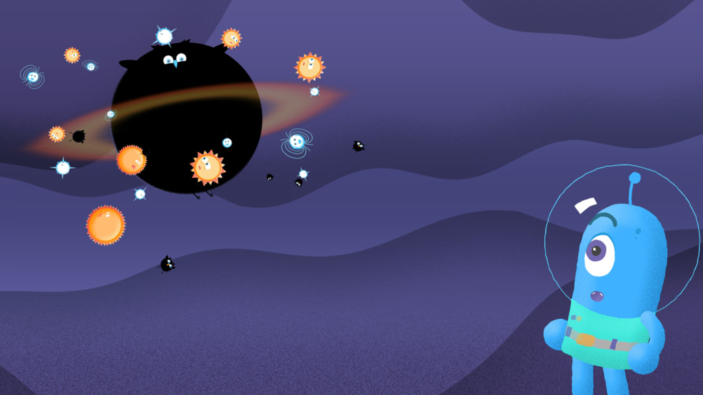 A blue cartoon character looks up at a supermassive black hole bird surrounded by stars.