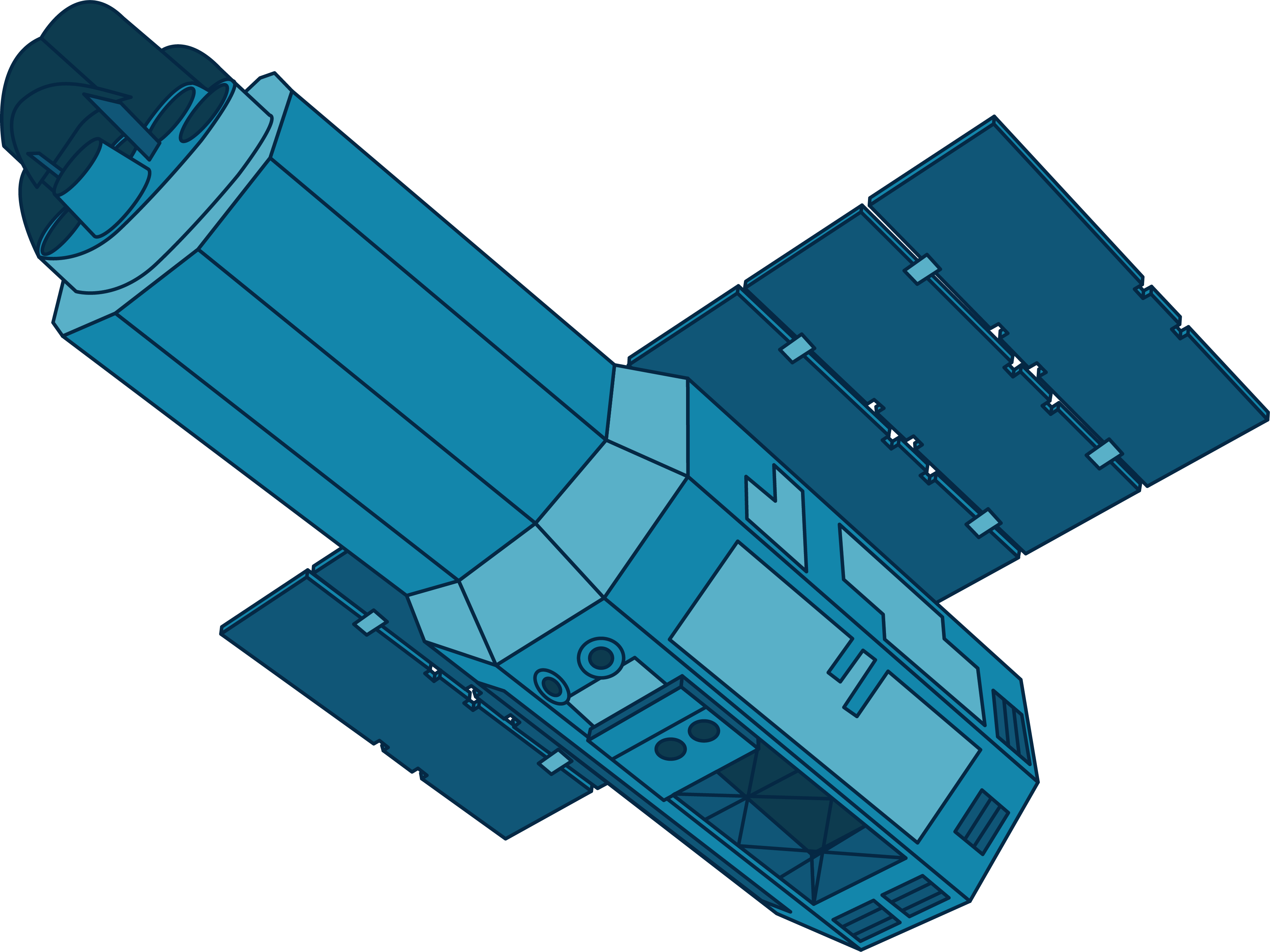 This illustration shows the Suzaku spacecraft in shades of blue. The long body of the spacecraft is narrower at the top than at the bottom, which has a hollow area underneath. Solar panels extend to either side of the widest part of the body. Round circles representing the telescopes extend from the top of the narrowest part of the body.