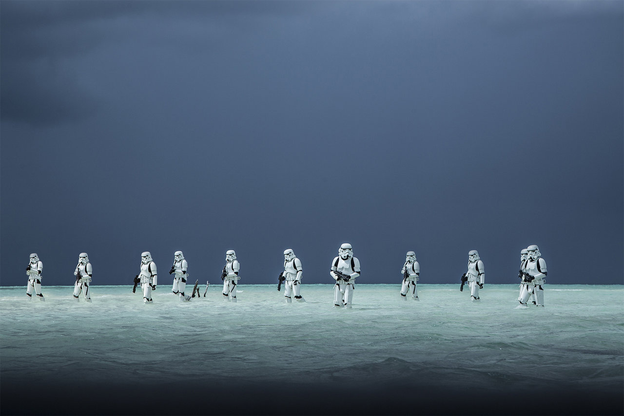 Stormtroopers in the new Star Wars film "Rogue One" wade through the water of an alien ocean world.