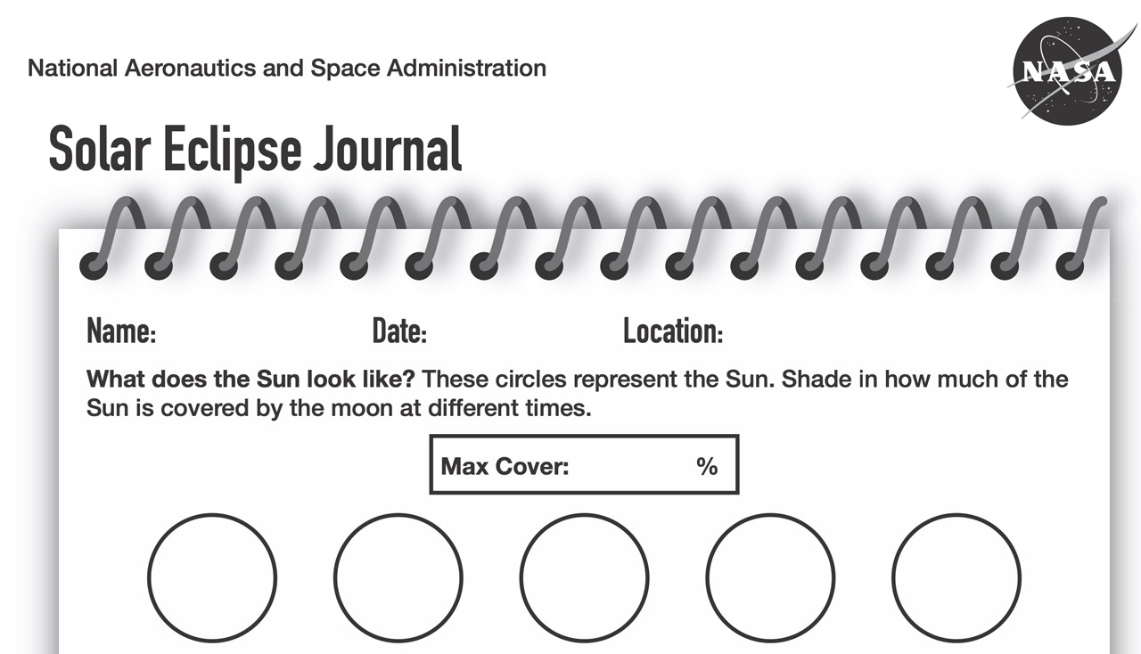 A black and white image of the student sheet, with spirals at the top if the page imitating a spiral notebook. The page includes the NASA heading with the logo on the right upper corner and the words "National Aeronautics and Space Administration" written in the upper left. Page includes circles for learners to shade in the parts of the Sun obscured by the Moon's shadow.