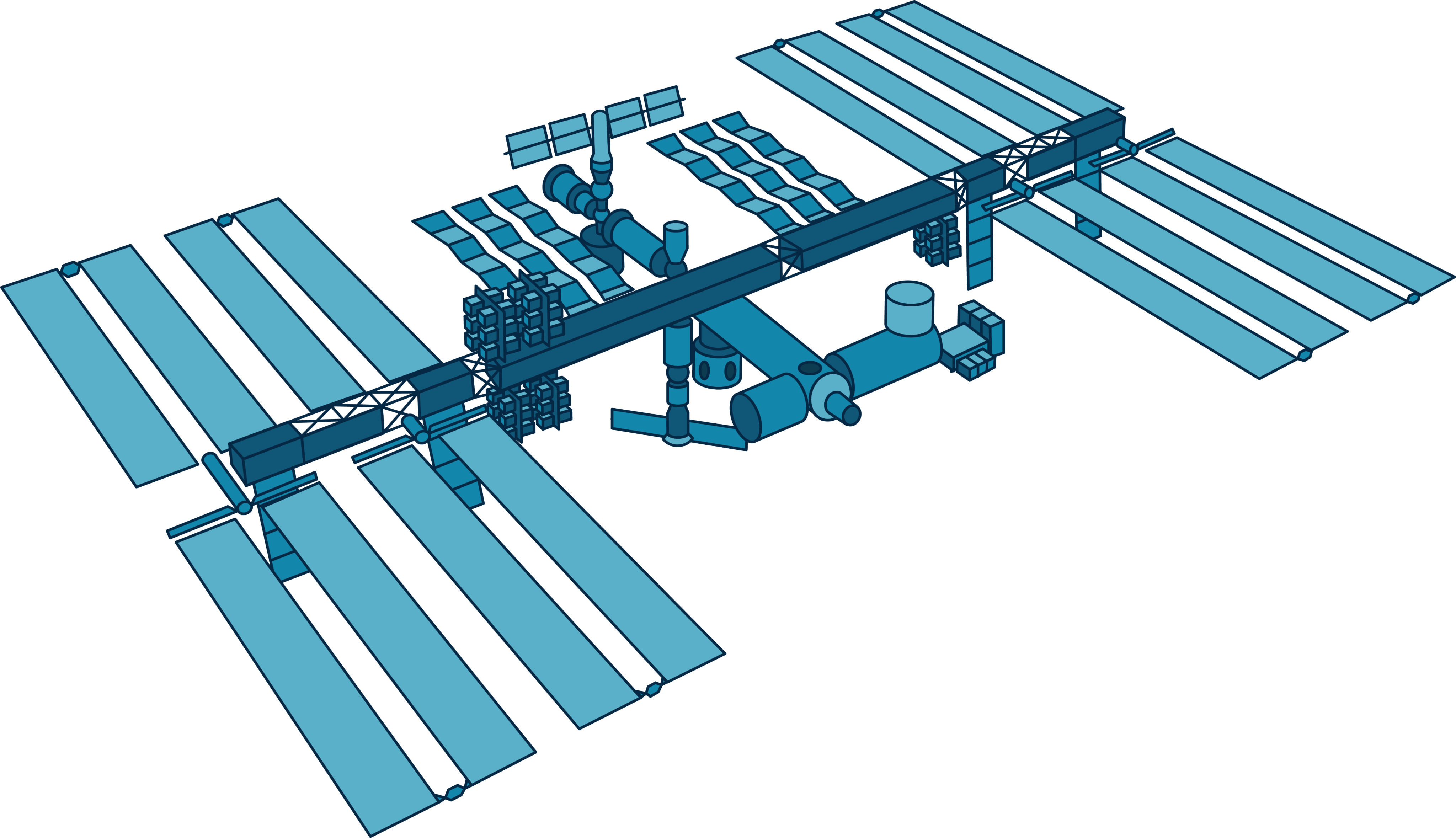 This illustration shows the International Space Station in shades of blue. The space station has a thin middle body made up of different small modules. Extending out from the middle body of the station, each side is flanked by a "wing" made up of a series of long, rectangular solar array pieces.