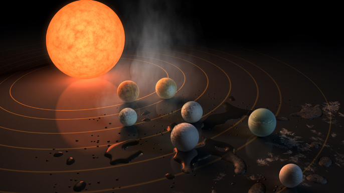 This illustration shows the seven Earth-size planets of TRAPPIST-1, an exoplanet system orbiting a red dwarf star about 40 light-years away.