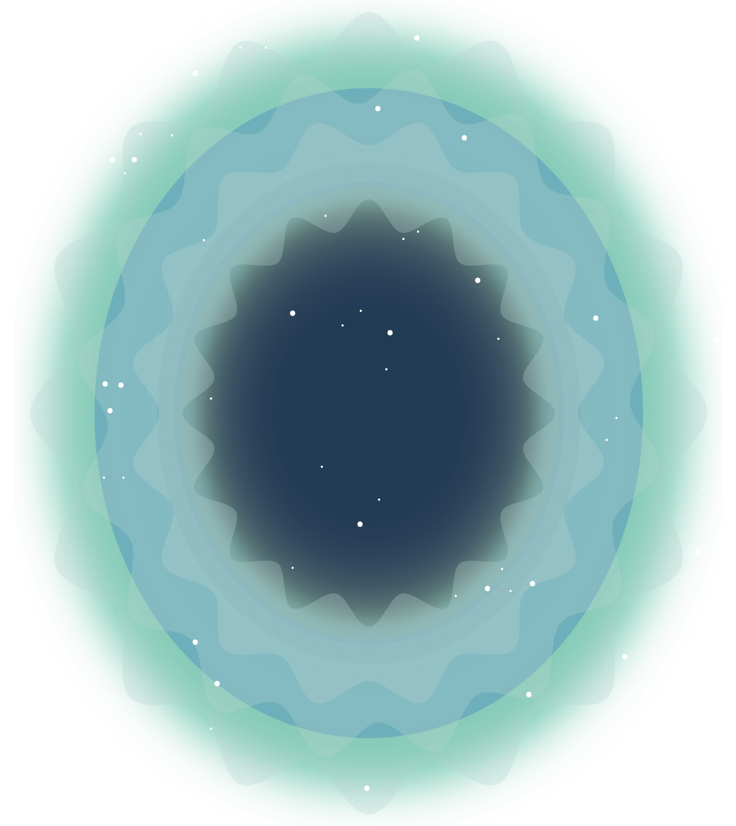 A large vertically-oriented oval shape with rounded waves around the edge, this graphic has a flower-like appearance. Smaller transparent circles with the same wavy edge are layered inward to create an inner starburst shape. The outer rings are a very light green color and they move inward into different light blue colors and finally to a center starburst shape that is a dark blue. White dots representing stars speckle the image.