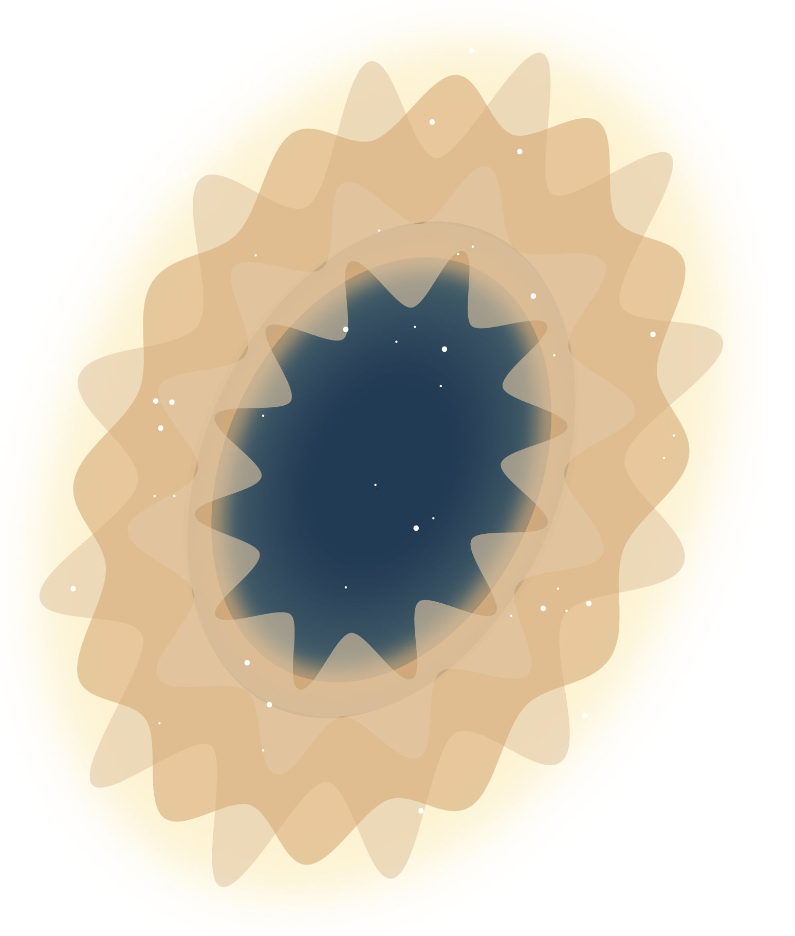 An angled oval illustration of a supernova. The colors depicted in this illustration are for artistic purposes only.