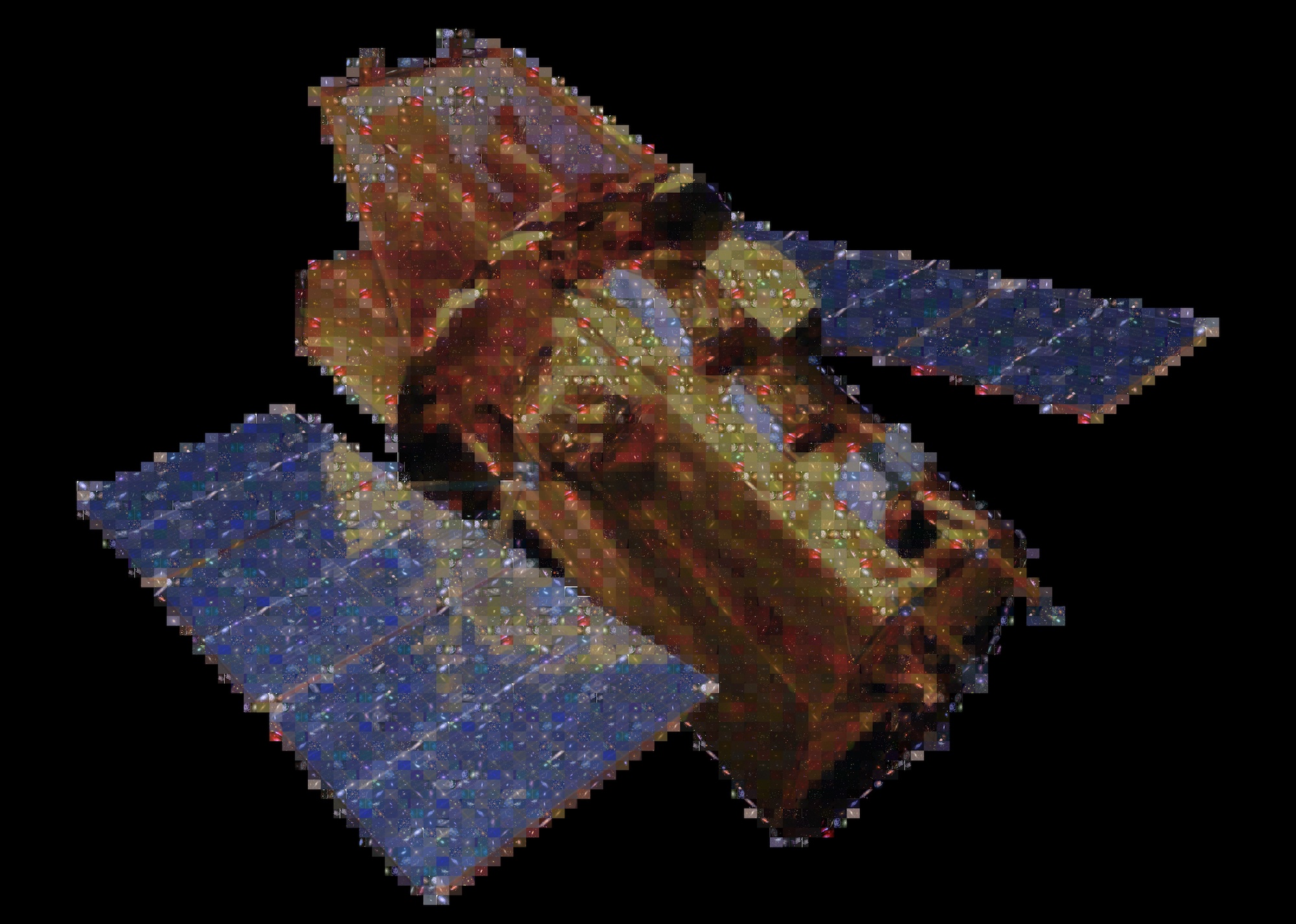 When taking this image as a whole, it looks like the Neil Gehrels Swift Observatory, a telescope with a central cylindrical body and solar panels on either side. Upon closer inspection, though, the image is made from small individual images of different astronomical objects that were taken by the telescope.