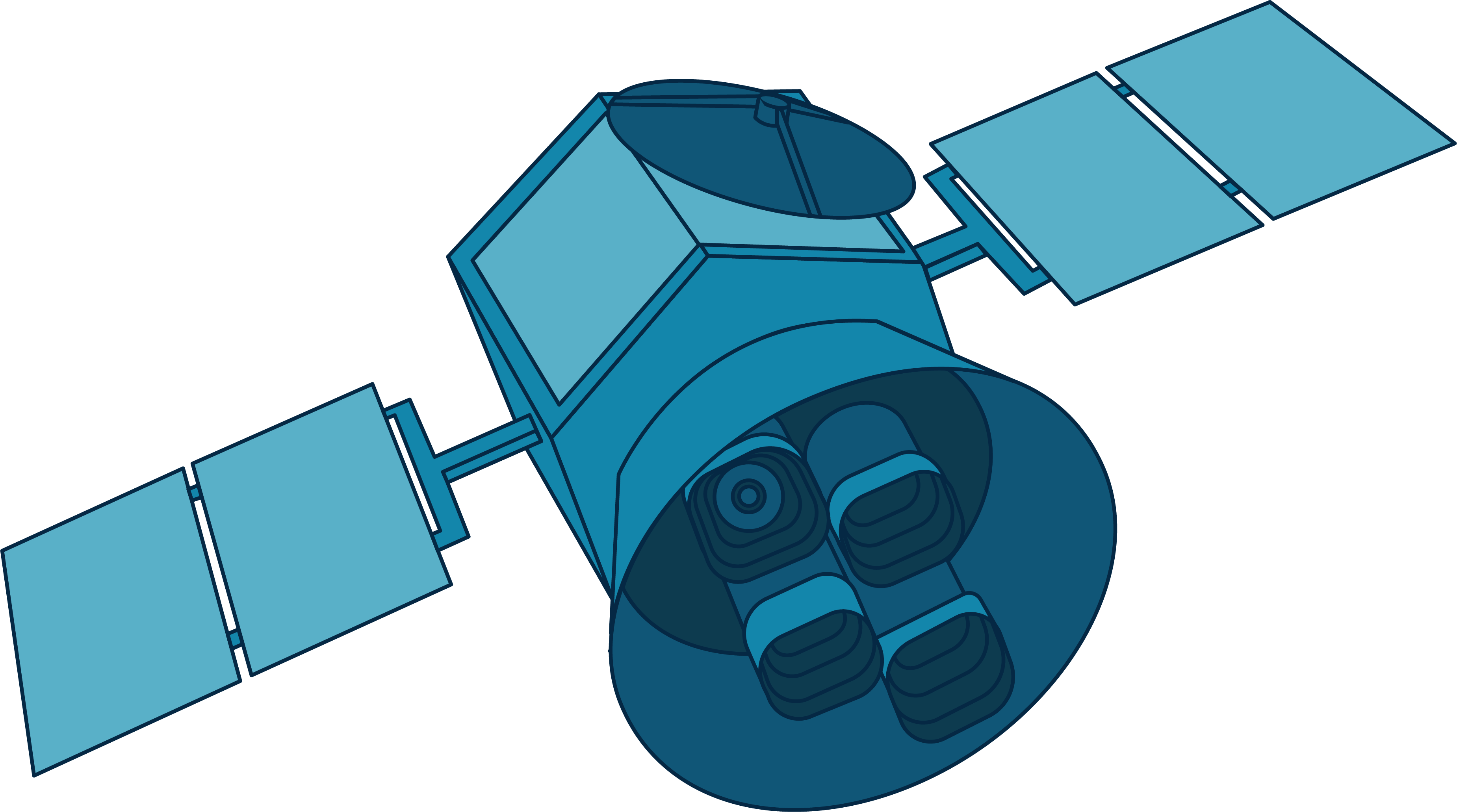 This illustration of NASA's TESS shows the spacecraft in shades of blue. The multi-sided, cylindrical shaped main body of the satellite has two solar array "wings," each extending out from the sides of the satellite which is attached to an open, cone shaped bottom piece. Nestled inside the cone are four squares which show the relative positions of TESS’s cameras.