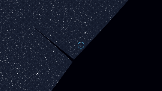 This animation opens with a band of a starry sky running along the left side of the image, angled up and to the right. The right part of the image is black. The black represents areas of the sky that have not been imaged by TESS. In the center is a star with a blue circle drawn around it. As the animation plays, another band of starry sky appears, covering most of the right half of the image. This is another swath of TESS data that overlaps the other piece but adds in more of the sky.
