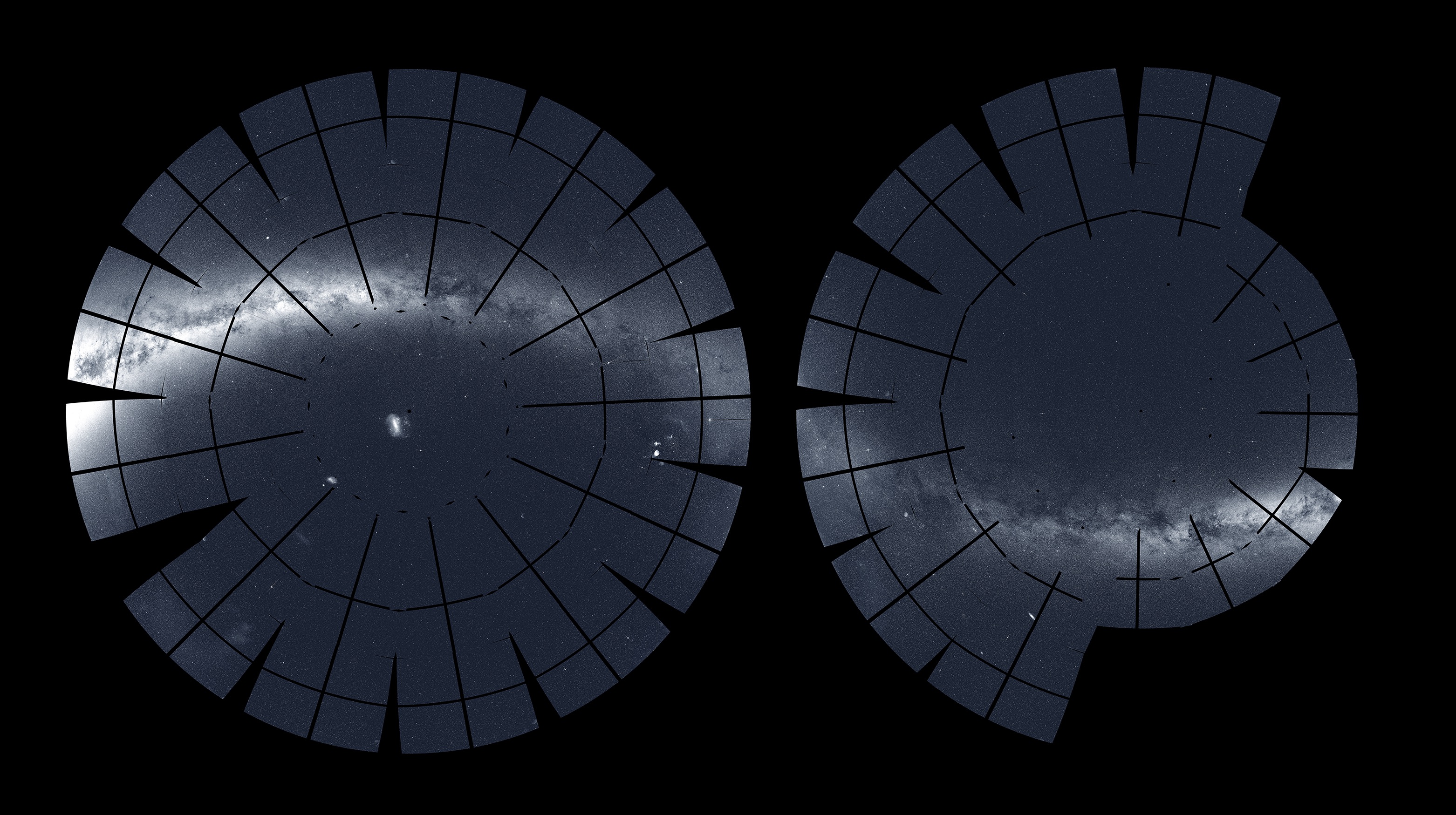 Two circular views of the night sky captured by NASA’s TESS mission are side by side. Each is made up of segments that look like a film strip studded with stars. On the left is the southern hemisphere, which is a complete circle of segments. A band of white light runs through the upper half of the circle in a gentle arc. This bright band is the plane of the Milky Way. On the right is the northern hemisphere. The bright white band continues through this hemisphere as a gentle downward arc in the bottom part of the circle.