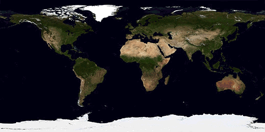This animated GIF shows a map of the world stretched out to show all the continents in a rectangular layout. Magenta spots show up, indicating where Fermi has detected terrestrial gamma-ray flashes. The spots are concentrated on either side of the equator, which is where Fermi can detect them.