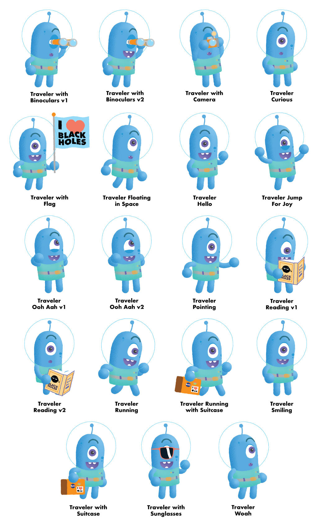 A blue cartoon character in a variety of positions and with a variety of expressions.