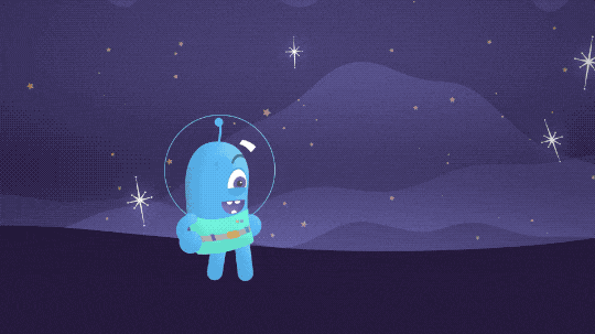 A blue cartoon character stands on dark purple ground with a lighter purple sky dotted with stylized stars. The character is shaped like a round-topped cylinder and they have one eye and one antenna. They wear a green space suit and a bubble-shaped clear helmet. They pull out a telescope from their pocket and place it on the ground. It stands on a tripod and is a simple cylinder. Then the scene pulls out and behind them appear two giant satellite dishes, a ground-based huge telescope on a robotic arm, and a square-shaped satellite above with a pair of solar arrays. In the upper right there is a round black bird, representing a black hole, with an orange beak, two small horn-shaped ear tufts on top of their head, small wings on either side, and narrow legs. The bird is surrounded by rings of orange, green, and blue, which represent an accretion disk around the black hole. Shooting up to the upper left and down to the lower right from the bird are plumes of orange, green and blue, which represent jets of material that can be accelerated away from the area around a black hole. The blue character goes from smiling as they set up their telescope to amazed at the array of other telescopes, then back to smiling at the end of the animation.