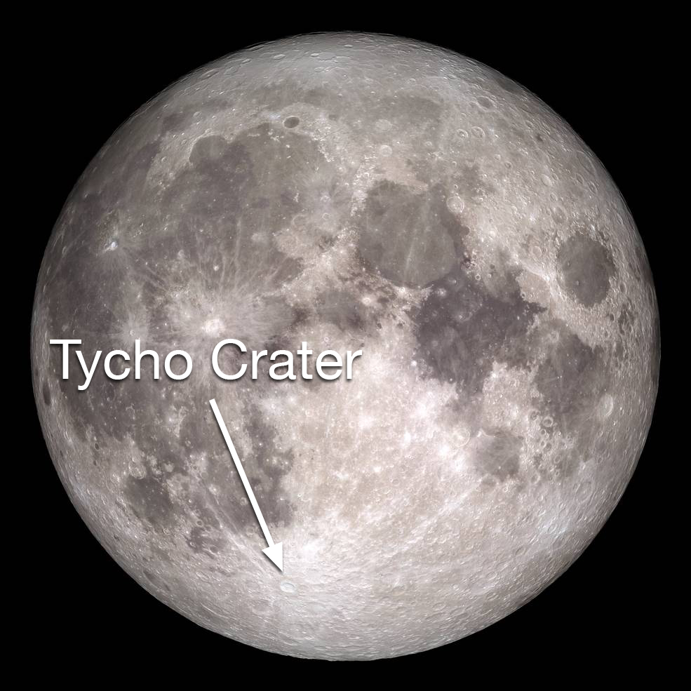 Moon with crater labeled in lower, left quadrant.