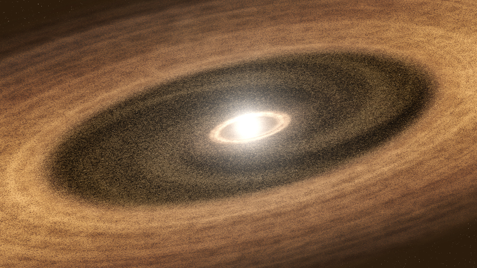 A large disk of dust and gas extends from a bright light in the center.