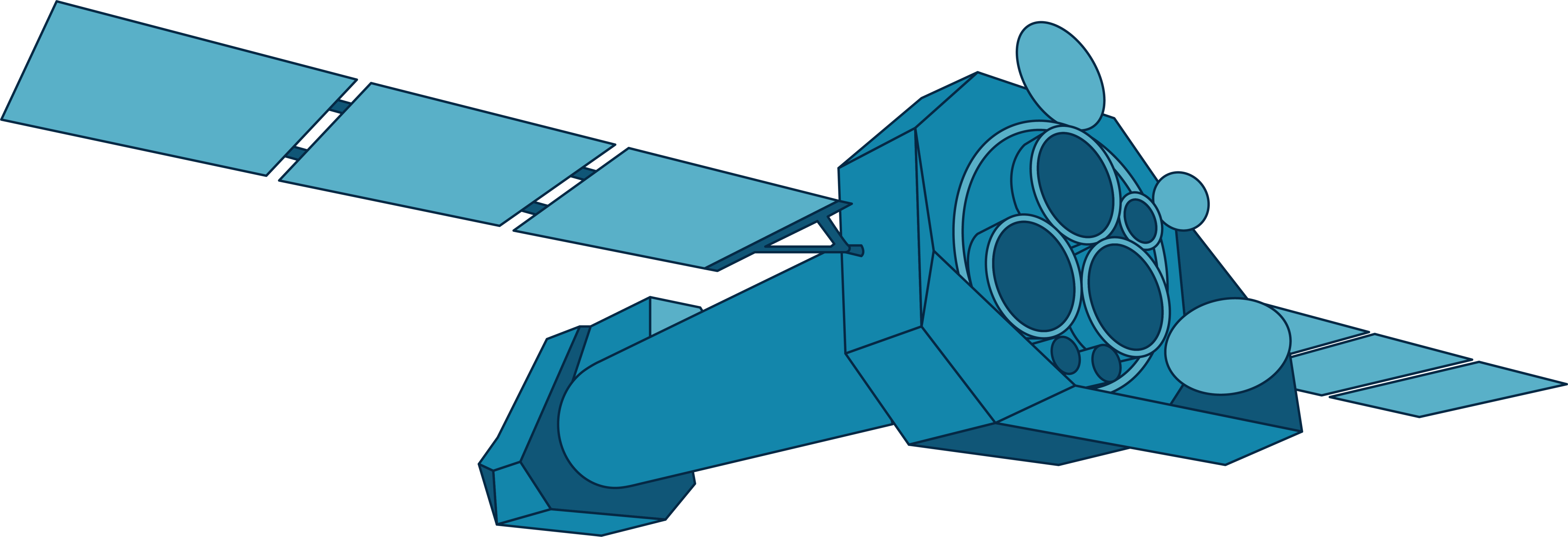 This illustration shows ESA's XMM-Newton observatory in shades of blue. Overall, the craft is dragonfly-shaped with a long, cylindrical body and an open "head" from which two solar array "wings" extend.