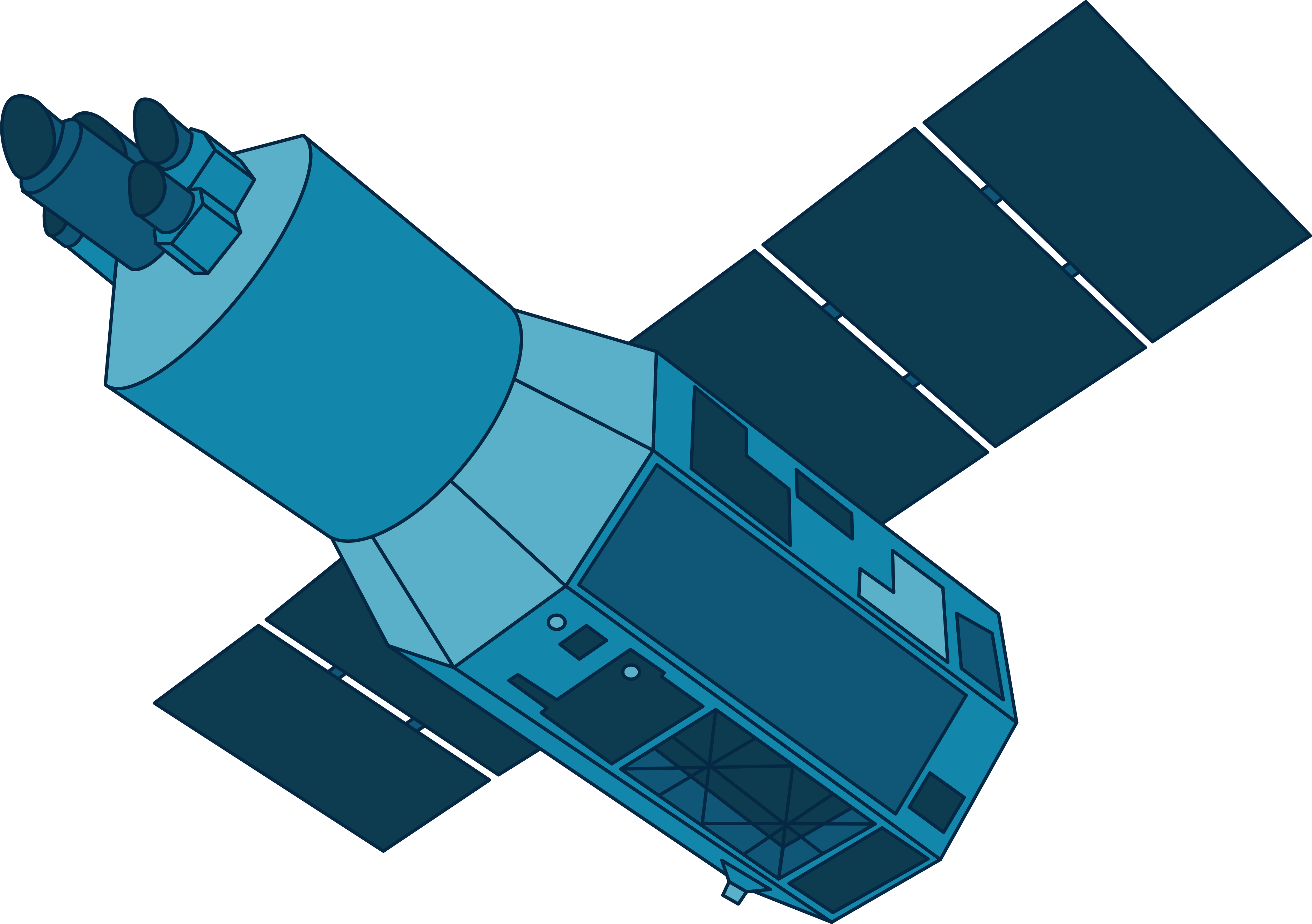 This illustration shows NASA's XRISM spacecraft in shades of blue. A multi-sided cylindrical body has solar array "wings" on either side and a smaller, rounded cylindrical front with small pieces of the instrument at the very front.